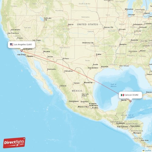 Cancun - Los Angeles direct flight map