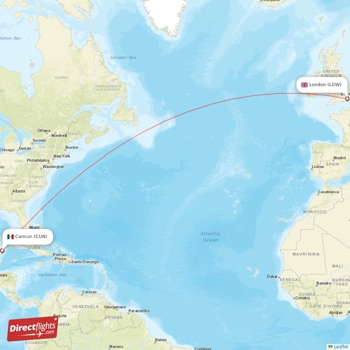 Cancun - London direct flight map