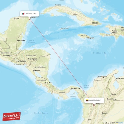 Cancun - Medellin direct flight map