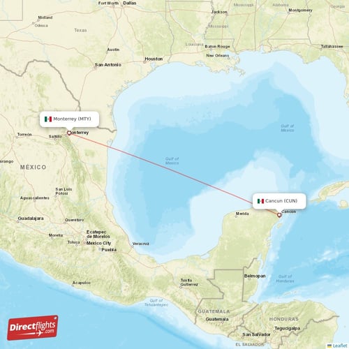 Cancun - Monterrey direct flight map