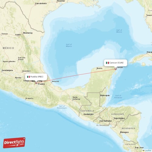 Cancun - Puebla direct flight map