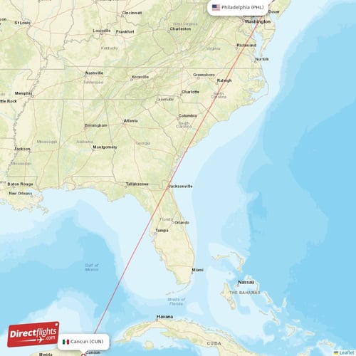 Cancun - Philadelphia direct flight map
