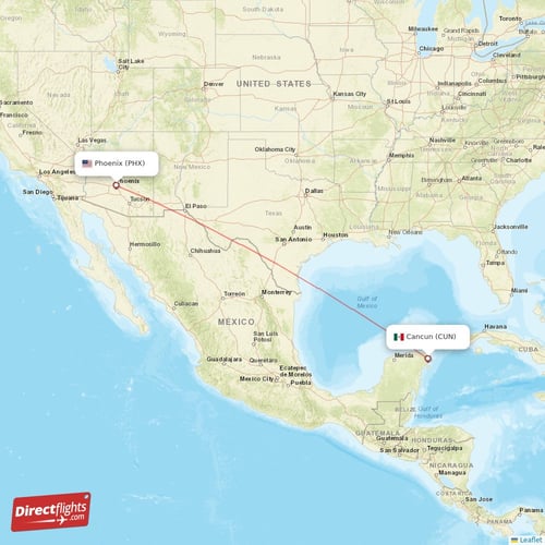 Cancun - Phoenix direct flight map