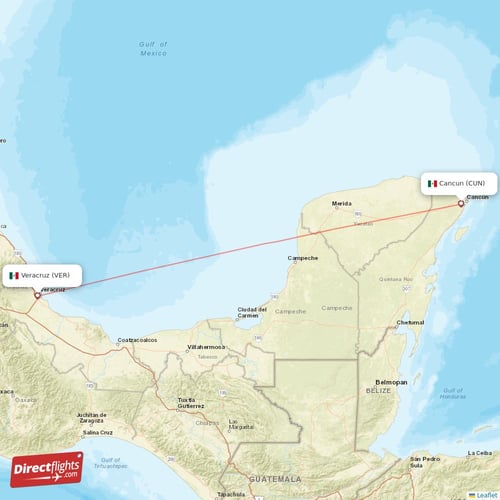 Cancun - Veracruz direct flight map