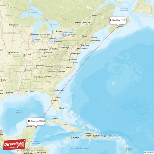 Cancun - Halifax direct flight map