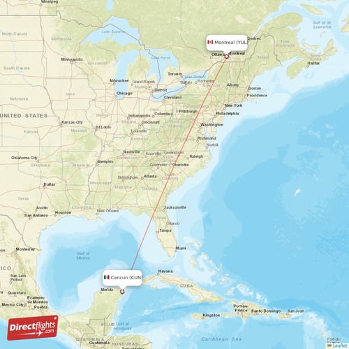 Cancun - Montreal direct flight map