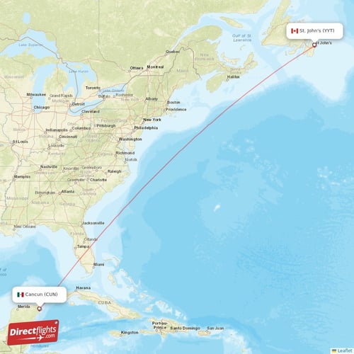 Cancun - St. John's direct flight map