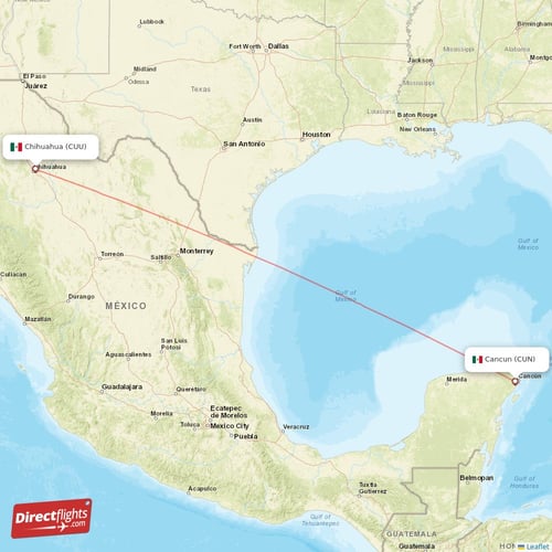 Chihuahua - Cancun direct flight map