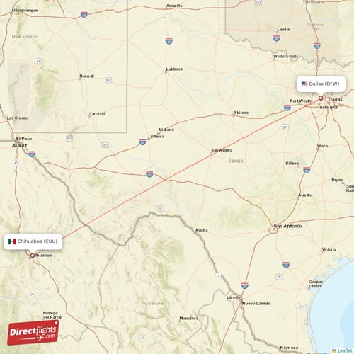 Chihuahua - Dallas direct flight map