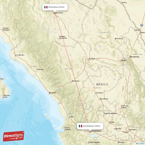 Chihuahua - Guadalajara direct flight map
