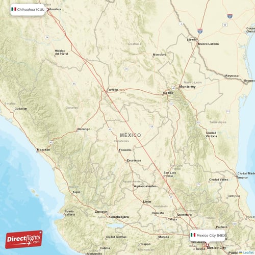 Chihuahua - Mexico City direct flight map