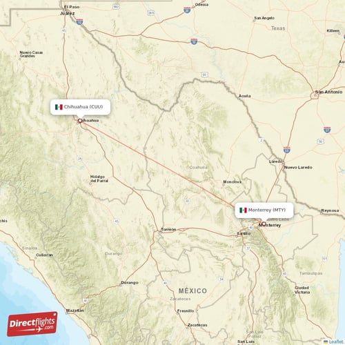 Chihuahua - Monterrey direct flight map
