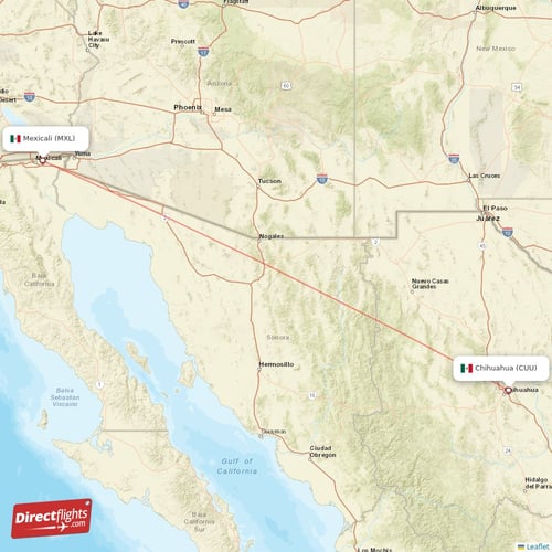 Chihuahua - Mexicali direct flight map
