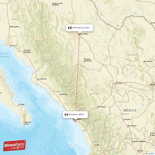 Chihuahua - Mazatlan direct flight map