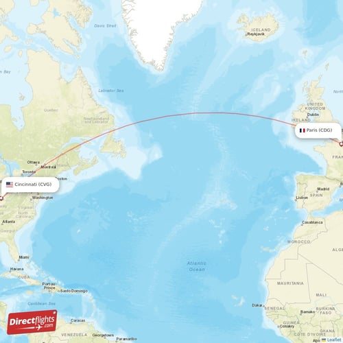 Cincinnati - Paris direct flight map
