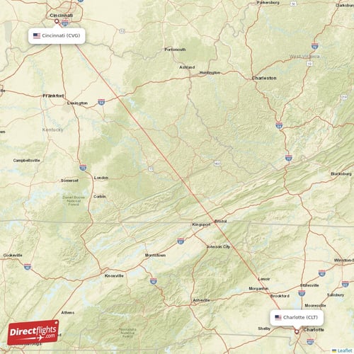 Cincinnati - Charlotte direct flight map