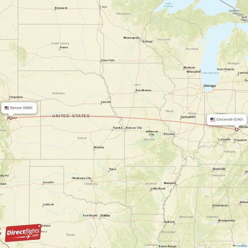 Cincinnati - Denver direct flight map