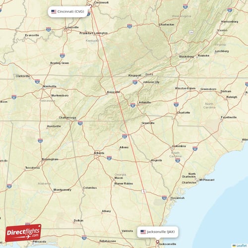 Cincinnati - Jacksonville direct flight map