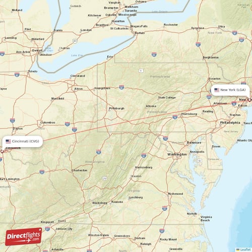 Cincinnati - New York direct flight map