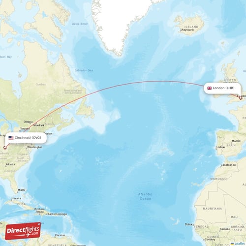 Cincinnati - London direct flight map