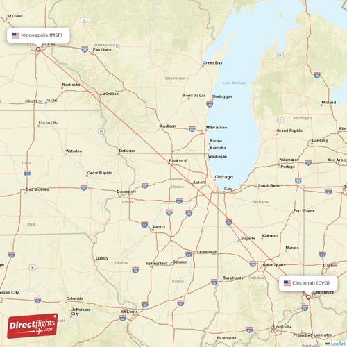 Cincinnati - Minneapolis direct flight map