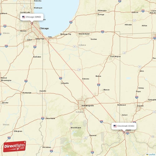 Cincinnati - Chicago direct flight map