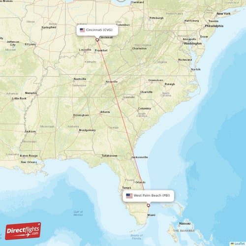 Cincinnati - West Palm Beach direct flight map