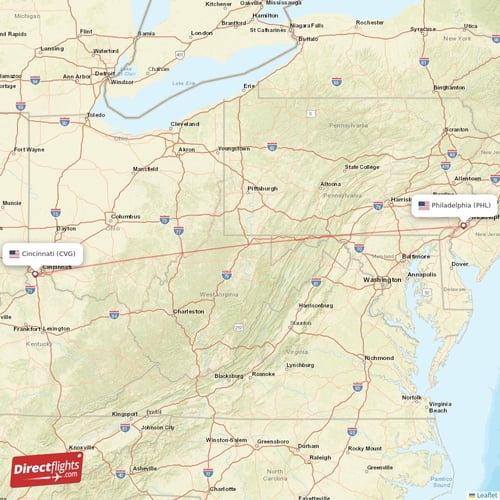 Cincinnati - Philadelphia direct flight map