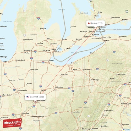Cincinnati - Toronto direct flight map