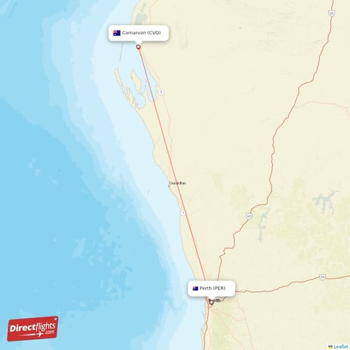 Carnarvon - Perth direct flight map