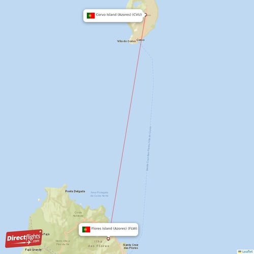 Corvo Island (Azores) - Flores Island (Azores) direct flight map