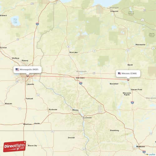 Wausau - Minneapolis direct flight map