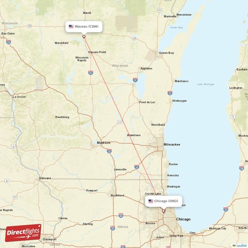 Wausau - Chicago direct flight map
