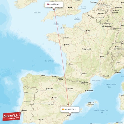 Cardiff - Alicante direct flight map