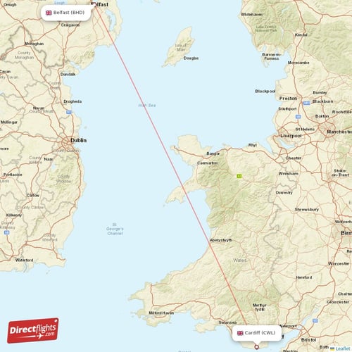 Cardiff - Belfast direct flight map