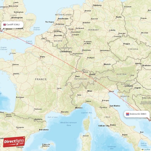 Cardiff - Dubrovnik direct flight map