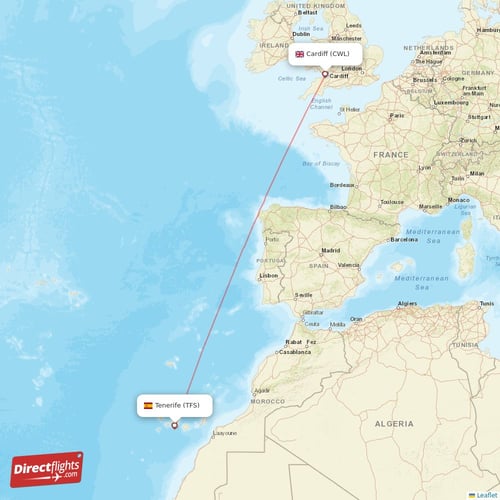 Cardiff - Tenerife direct flight map