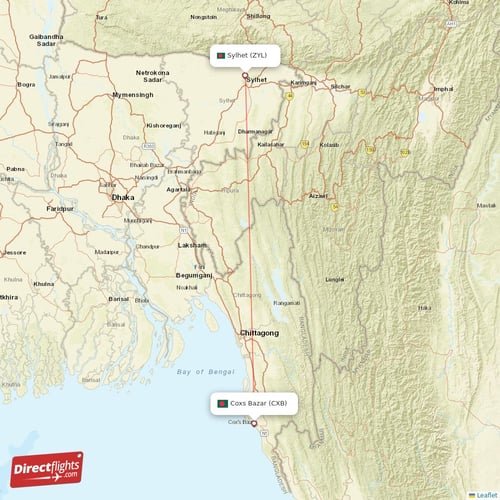 Coxs Bazar - Sylhet direct flight map