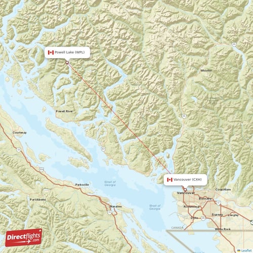 Vancouver - Powell Lake direct flight map