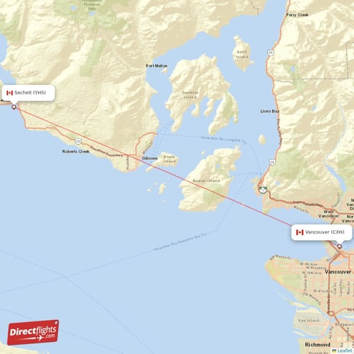 Vancouver - Sechelt direct flight map