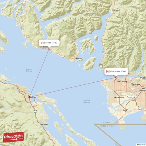 Vancouver - Sechelt direct flight map