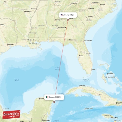 Cozumel - Atlanta direct flight map