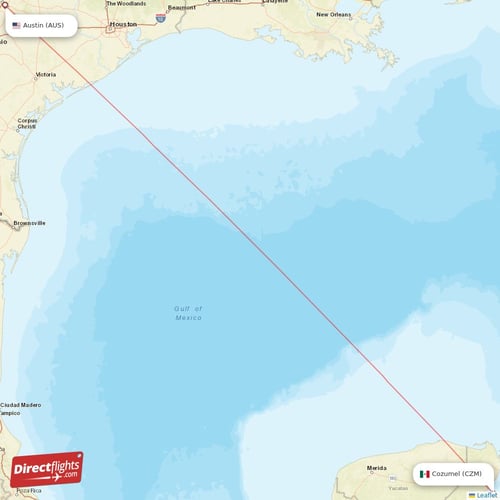 Cozumel - Austin direct flight map
