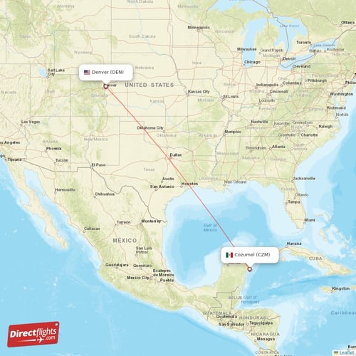 Cozumel - Denver direct flight map