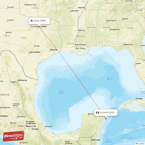 Cozumel - Dallas direct flight map