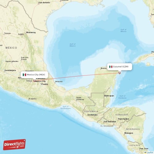 Cozumel - Mexico City direct flight map
