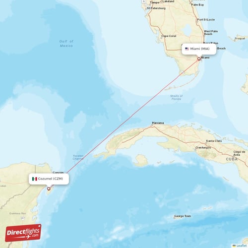 Cozumel - Miami direct flight map