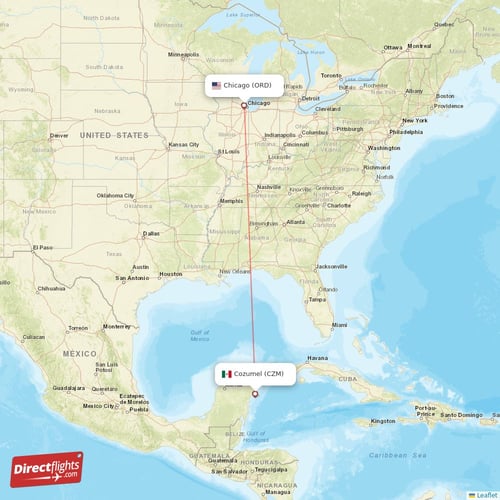 Cozumel - Chicago direct flight map