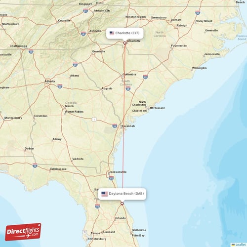 Daytona Beach - Charlotte direct flight map