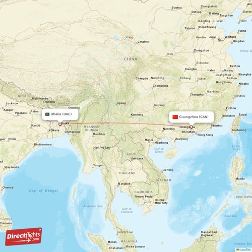 Dhaka - Guangzhou direct flight map